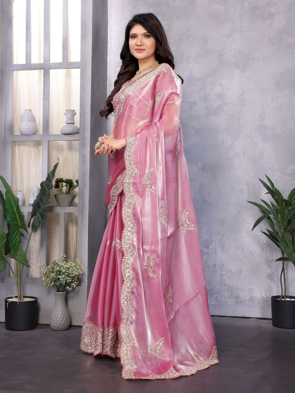 Vastranavya Baby Pink Embroidery Work Shimmer Chiffon Saree with Unstitched Blouse - Distacart
