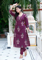 Miravan Women's Cotton Fabric Purple Kurta With Palazzo