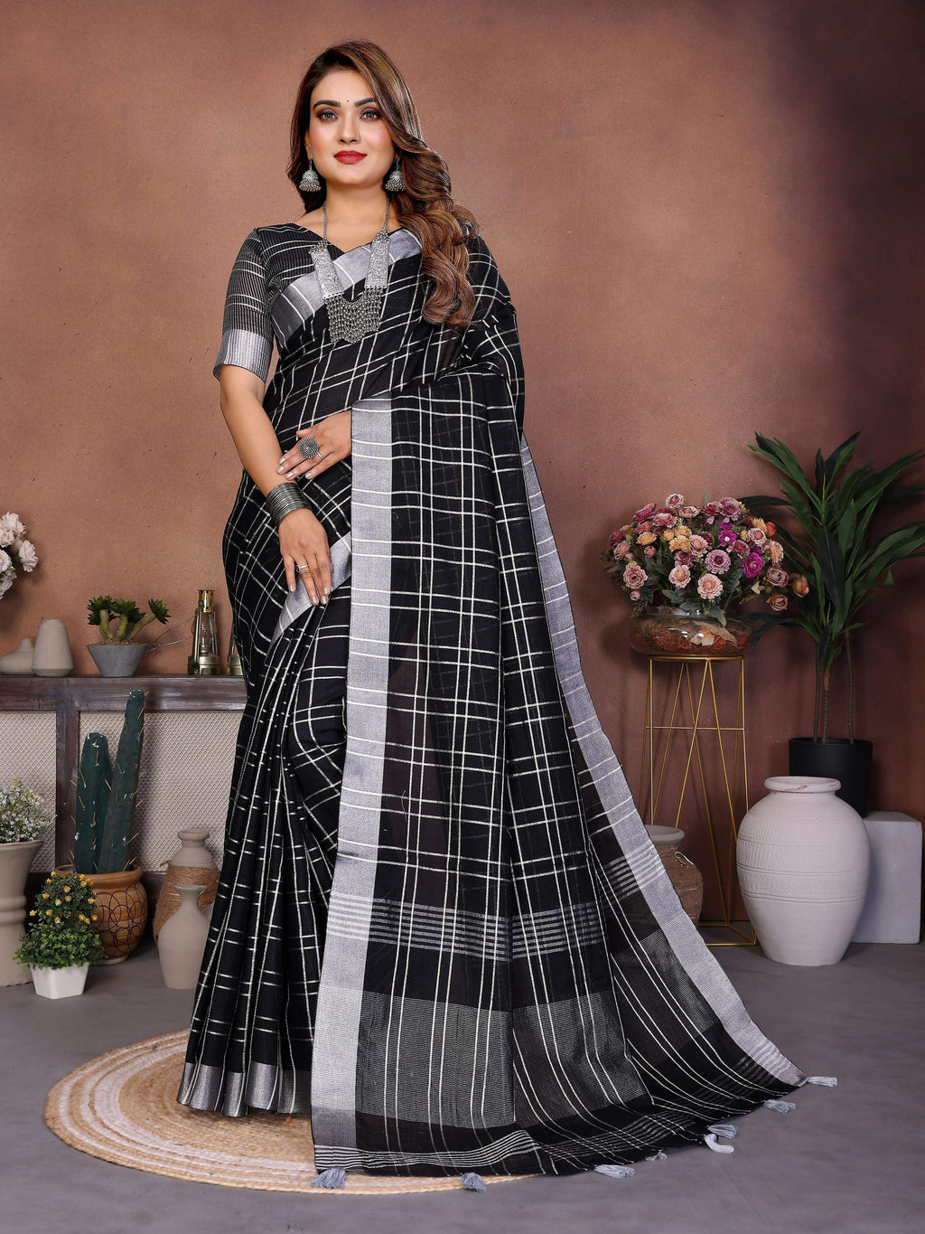Aastha Fashion Black Linen Weaving Saree - Distacart