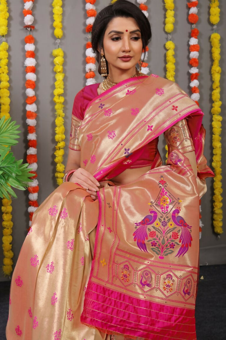 Jyoti Fashion Women's Rani Pink Paithani Silk Zari Woven Saree with Blouse