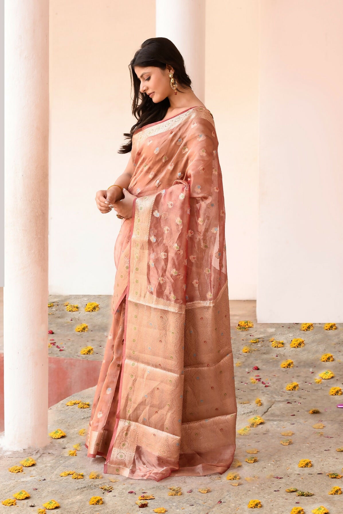 Joban Fashion Rose Gold Pure Banarasi Tissue Saree