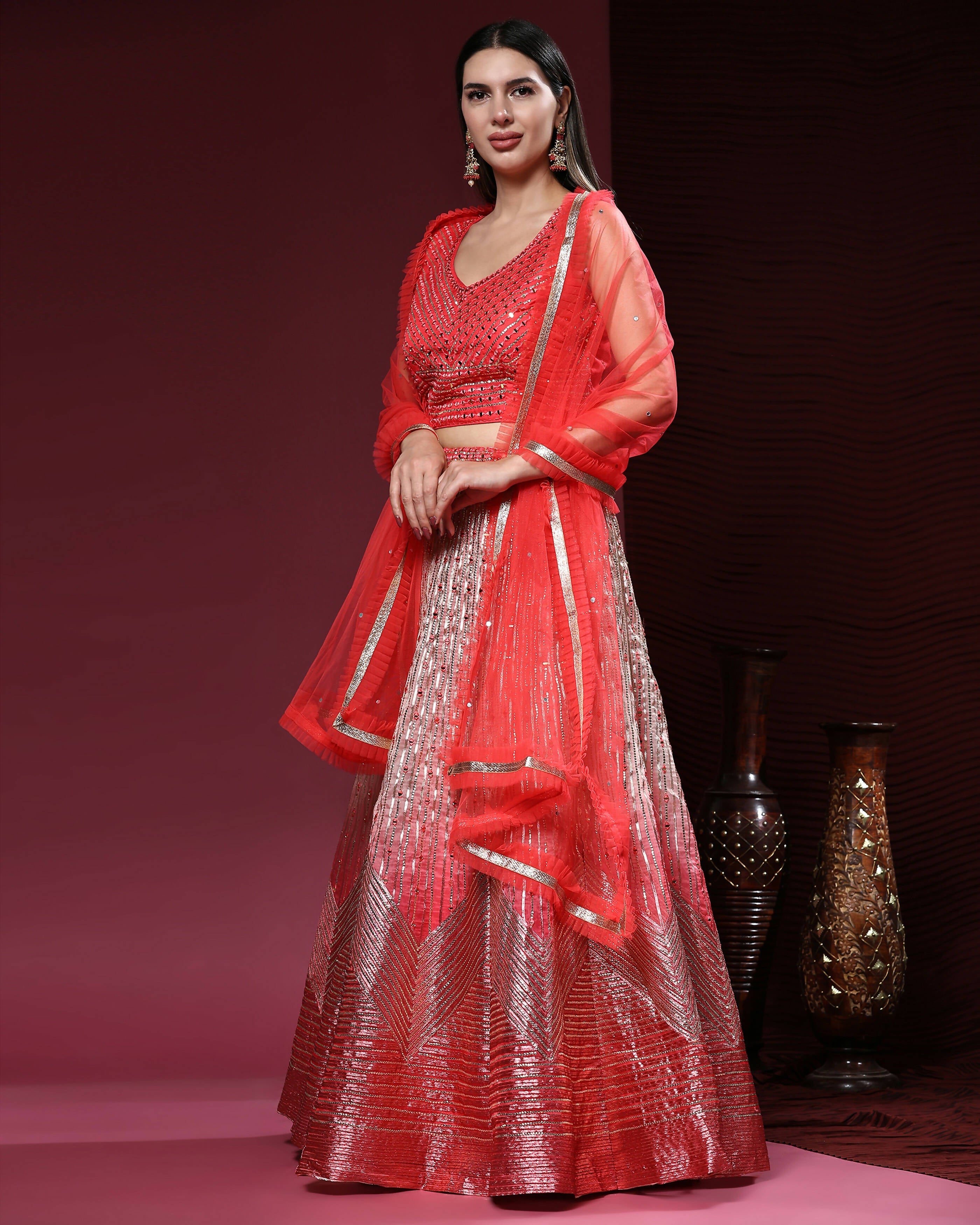 Red Organza Mirror With Coding Work Lehenga Choli with Dupatta - Tanya