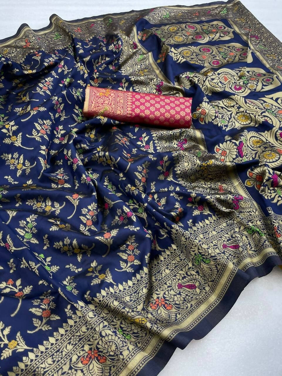 DEIANA'S Beautiful Designer Golden zari Soft Lichi Silk Saree - Navy Blue