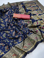 DEIANA'S Beautiful Designer Golden zari Soft Lichi Silk Saree - Navy Blue