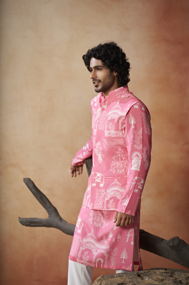 Botanical Architecture Traditional Printed Silk Nehru Jacket Set by Hilo Design