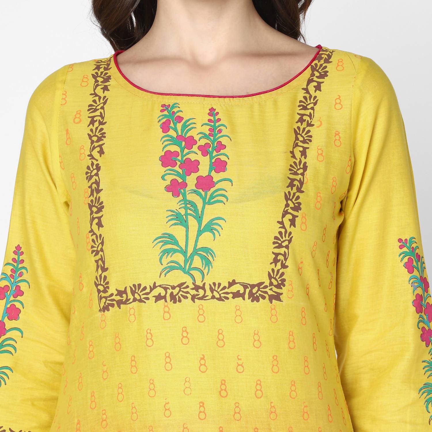 Cheera Hand Block Print Yellow Straight Kurta (MAAI-058K)