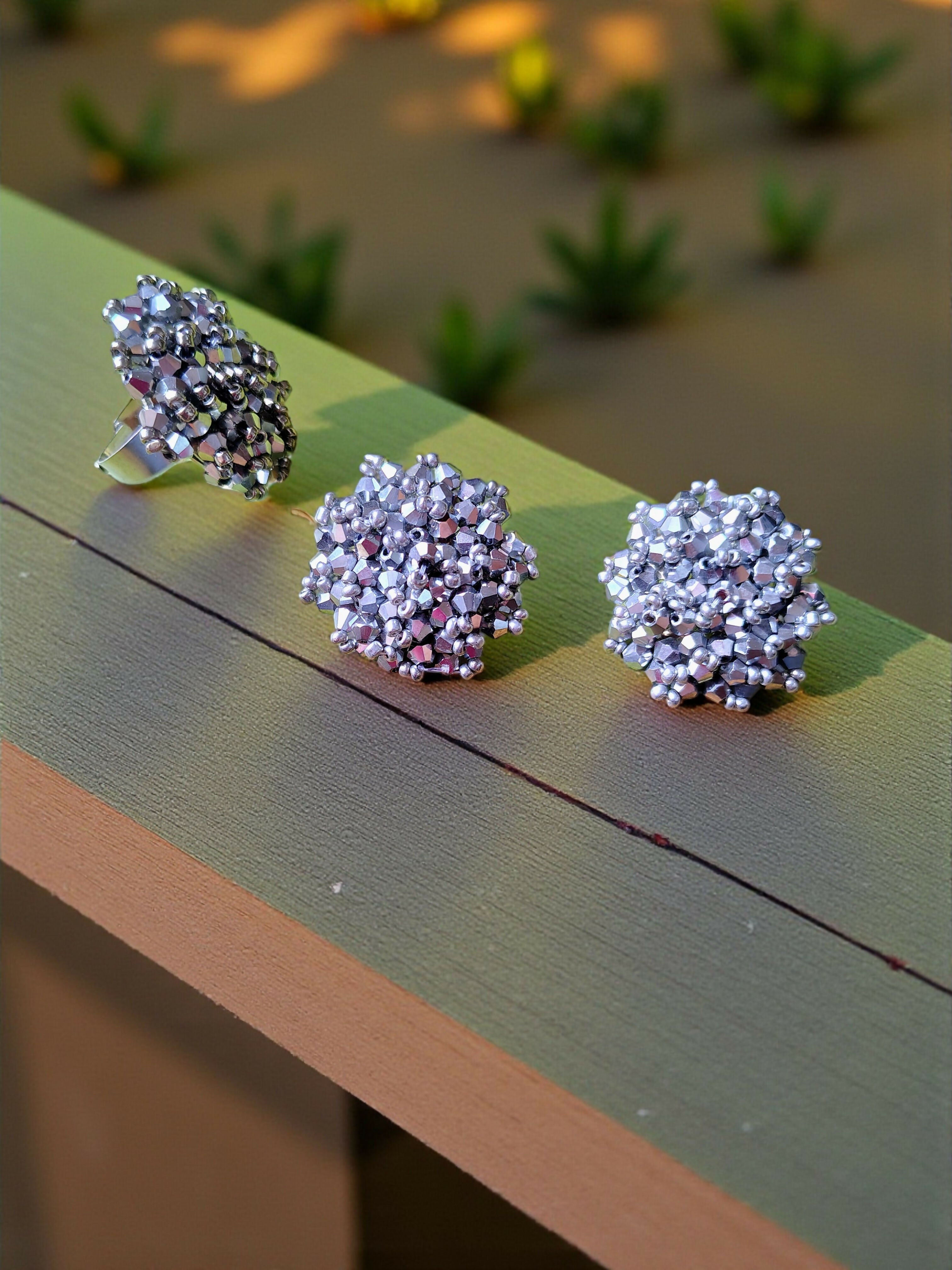 Inhanns Rangmani Crystal Duo – Adjustable Ring + Statement Earrings Set - Silver - Distacart