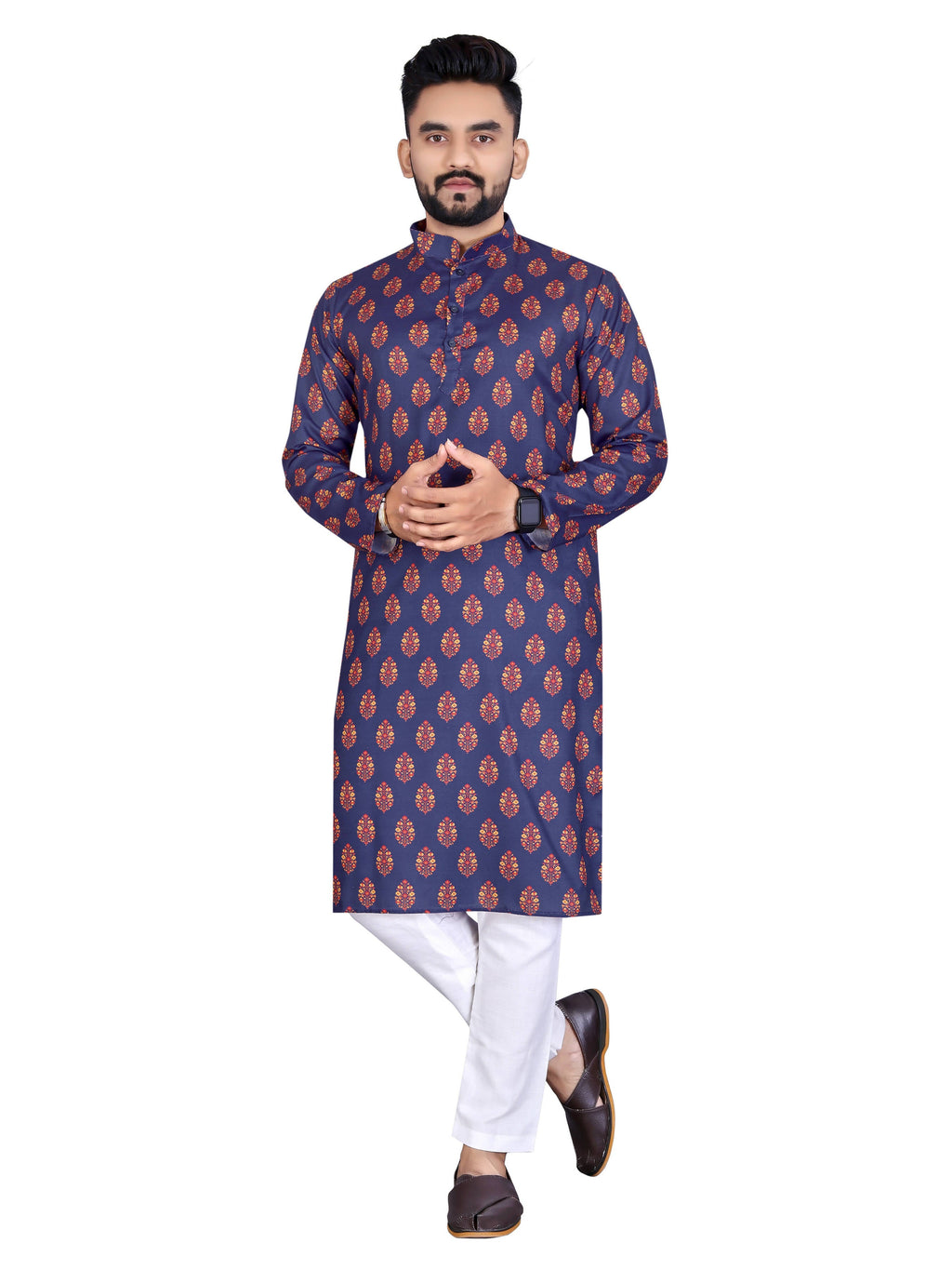 Mens Navy Blue Cotton Printed Kurta - Mahotsav