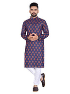 Mens Navy Blue Cotton Printed Kurta - Mahotsav