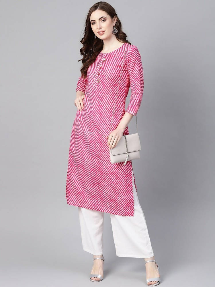 Yufta Women Pink & White Leheriya Print Straight Kurta