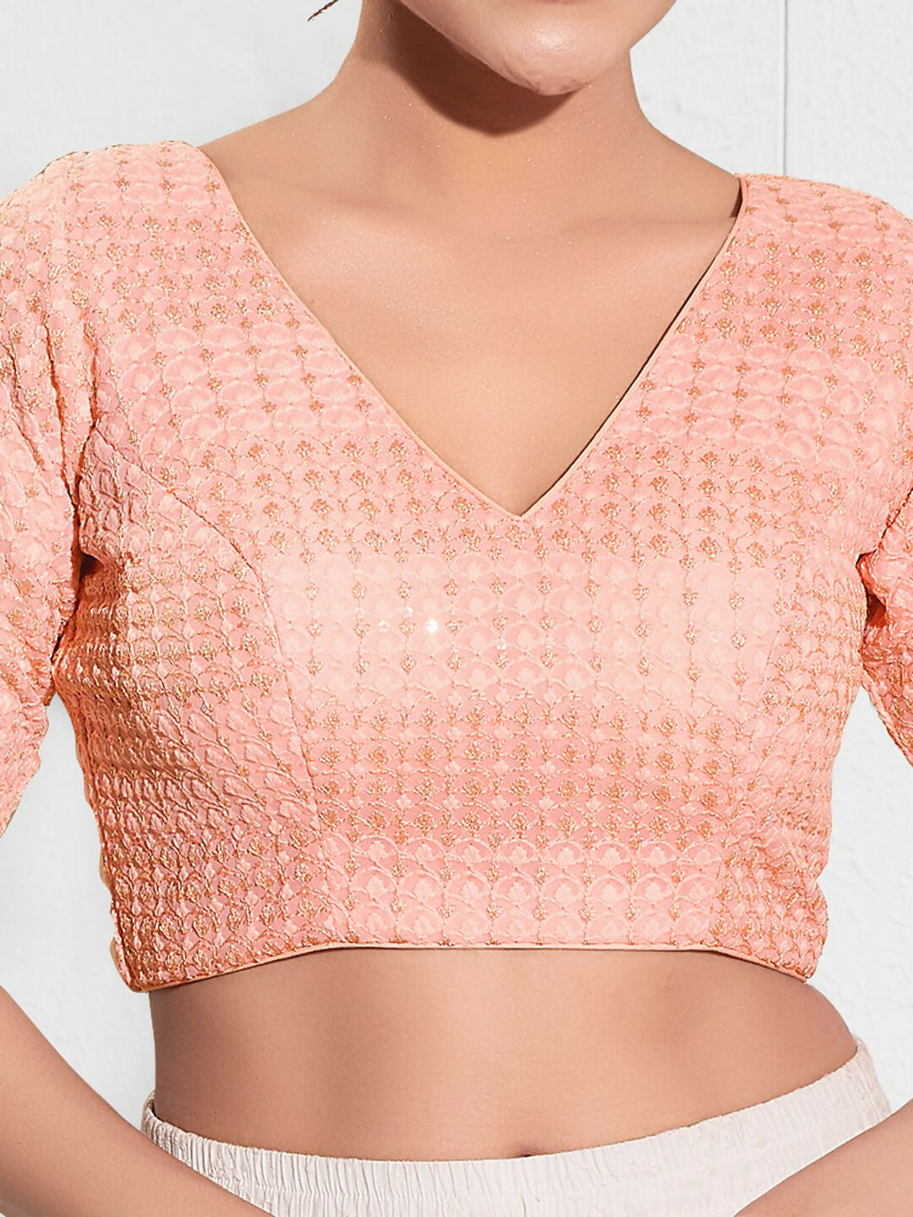 Joban Fashion Peach Crochet Padded Blouse With V Neck Elbow Sleeves - Distacart
