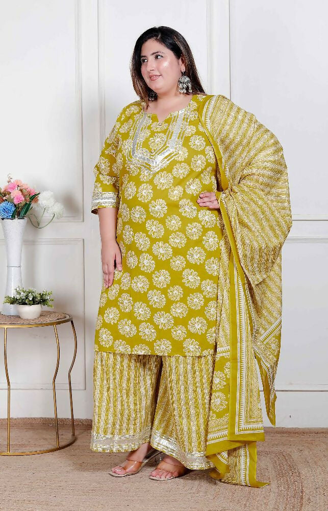 Miravan Plus Size Women'S Lime Yellow Embroidered Straight Kurta With Palazzo And Dupatta - Distacart