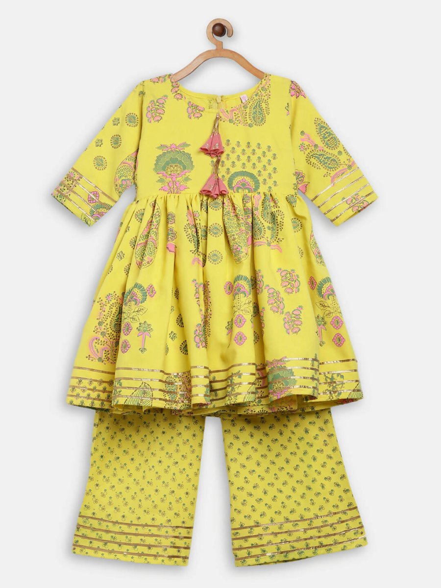 Ahalyaa Mustard Rayon Printed Kids Kurta Palazzo Sets For Kids For Girls