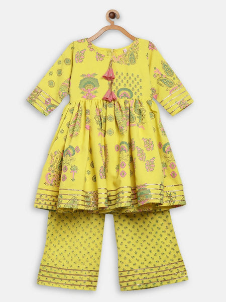 Ahalyaa Mustard Rayon Printed Kids Kurta Palazzo Sets For Kids For Girls