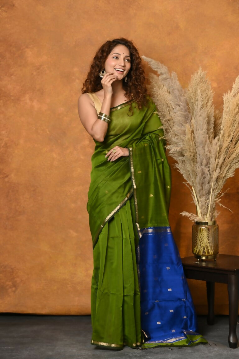 Very Much Indian Handloom Pure Cotton Silk Saree With Sleek Golden Border - Green