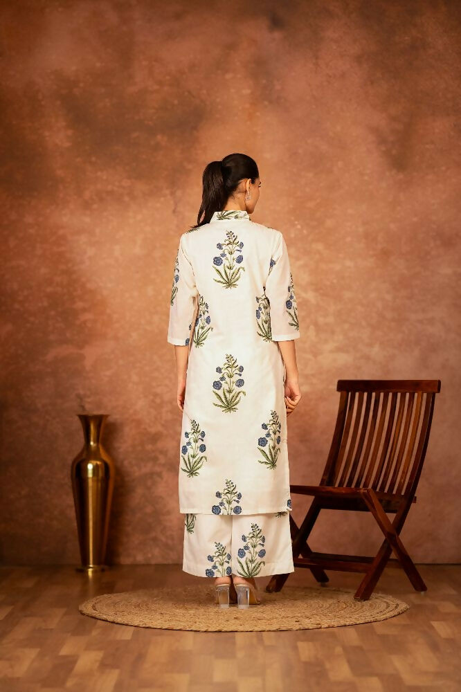 Joban Fashion Off White Blue Hand Block Printed Cotton Suit Set - Distacart