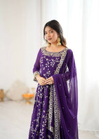 Teeya Creation Purple Color Heavy Faux Georgette Embroidery Work Gown - Distacart