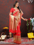 Lorenvalley Fashion Red Soft Silk Woven Design Gold Zari Weaving Saree