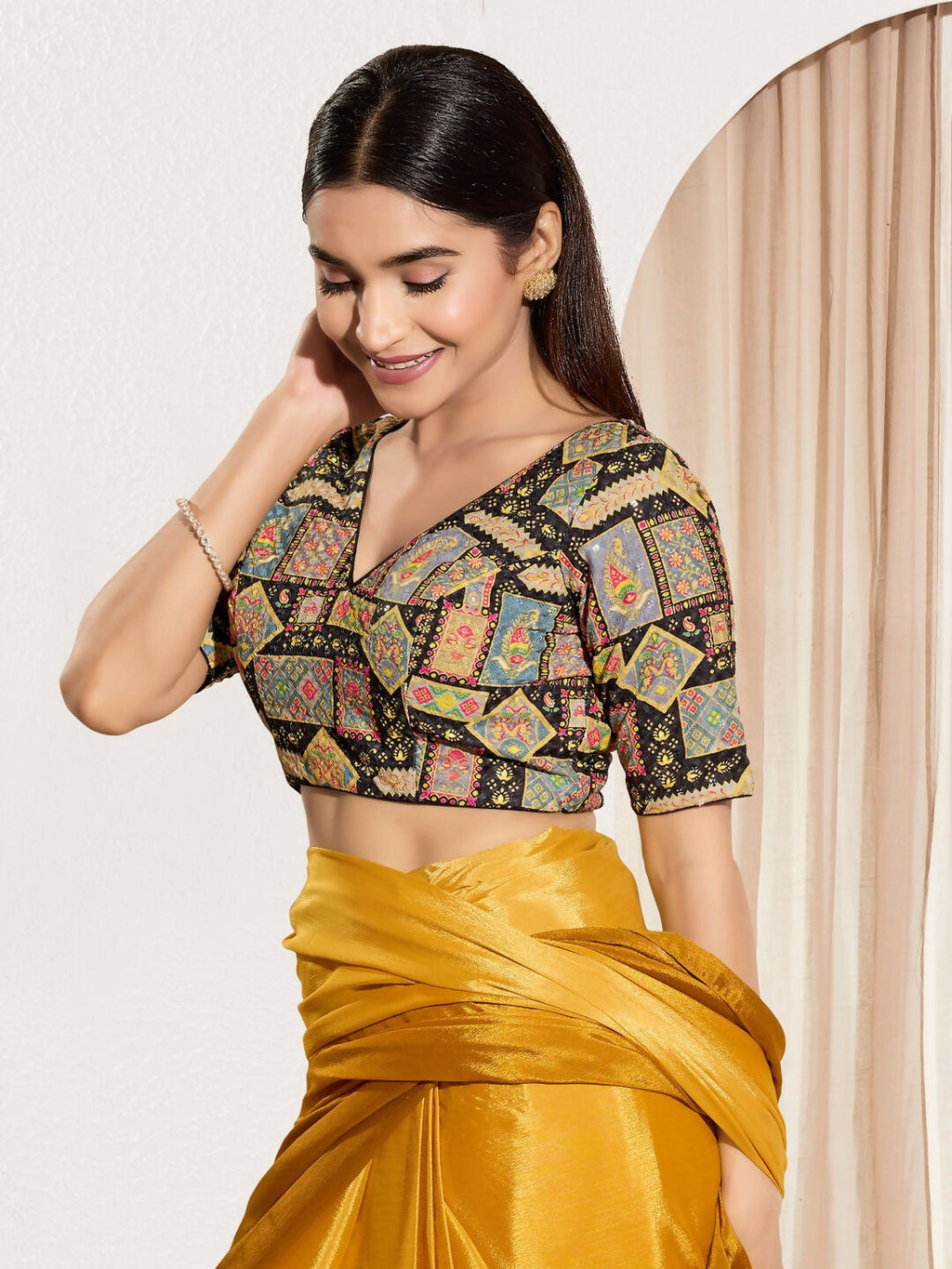 Joban Fashion Black Viscose Rayon Padded Blouse With V Neck Elbow Sleeves - Distacart