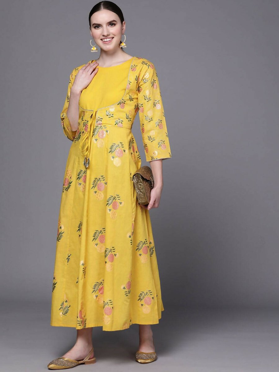 Ahalyaa Women Yellow Floral Fit & Flare Maxi Ethnic Dress - Distacart
