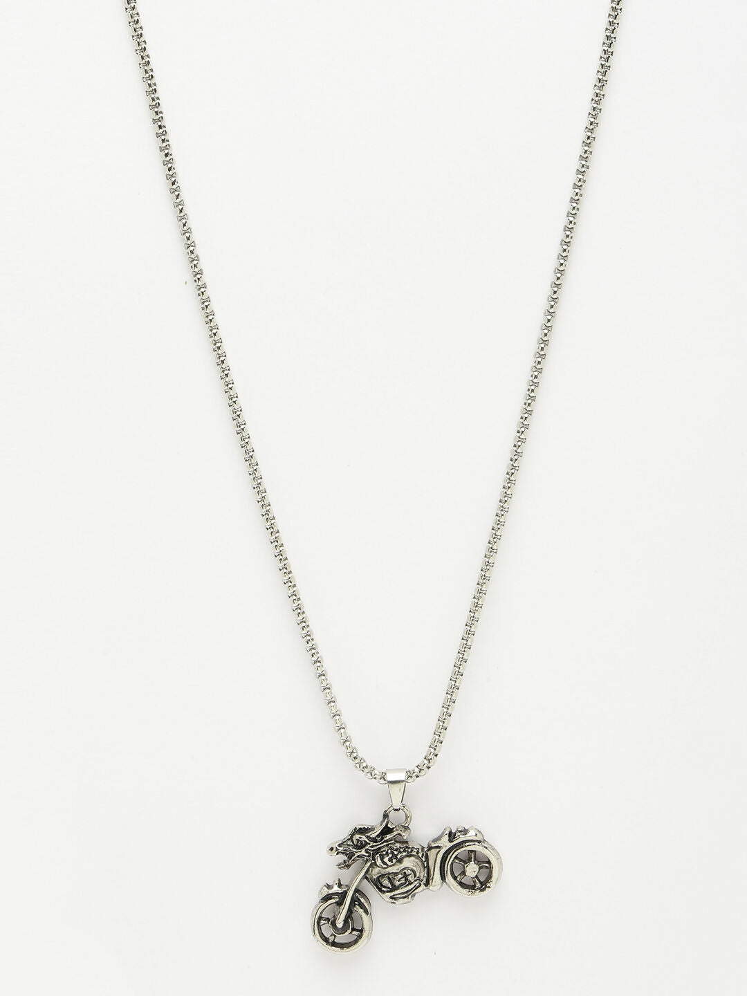 NVR Men's Rhodium-Plated Stainless Steel Bike Shaped Pendant With Chain