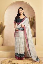 Vastranavya Digital Printed Linen Ready To Wear Pocket Saree with Unstitched Blouse - Distacart