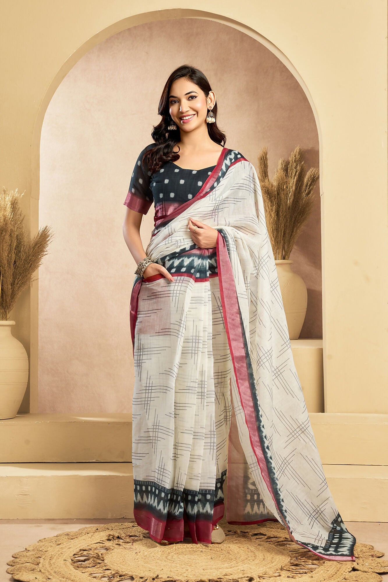 Vastranavya Digital Printed Linen Ready To Wear Pocket Saree with Unstitched Blouse - Distacart