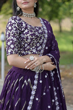 Vastranavya Faux Blooming With Sequins And Thread Embroidered Work Lehenga Choli With Dupatta - Purple