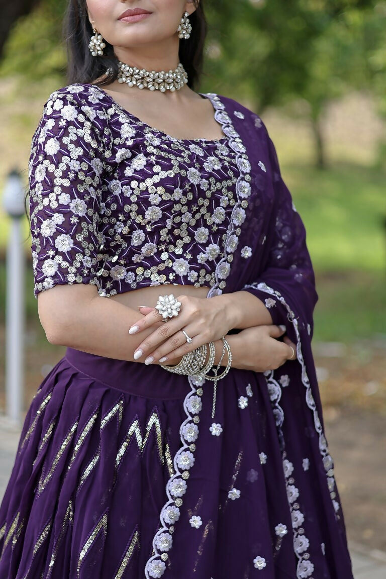 Vastranavya Faux Blooming With Sequins And Thread Embroidered Work Lehenga Choli With Dupatta - Purple