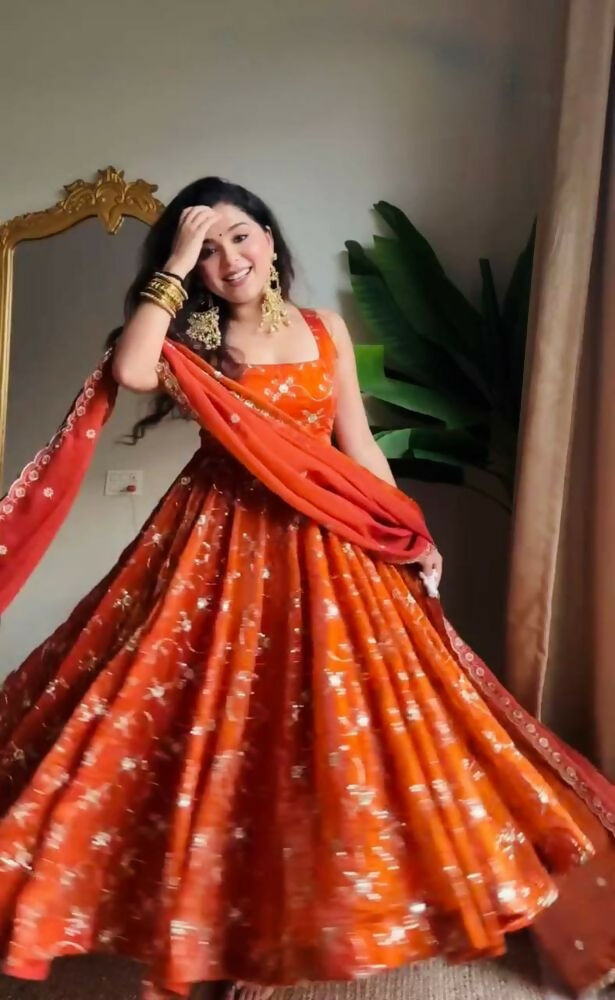 Teeya Creation Orange Color Fendy Silk Heavy Embroidery Work Wedding Wear Long Gown - Distacart