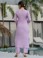 The52 Lavender Women's Beautiful Thread work Rayon Fabric with Straight Kurta, Pant and Dupatta Set - Distacart