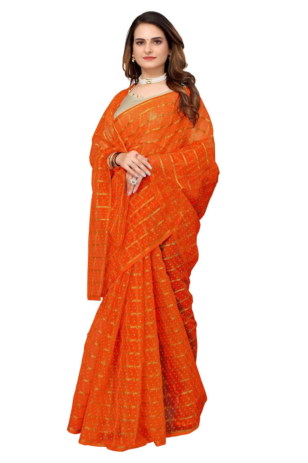 Vamika Ethnic Fire Orange Jari Work Chiffon Saree - Distacart