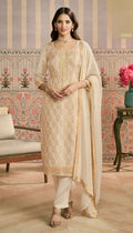 Anaita Beige Viscose Lotus Shimmer Stitched Suit with Jacquard Work - Distacart