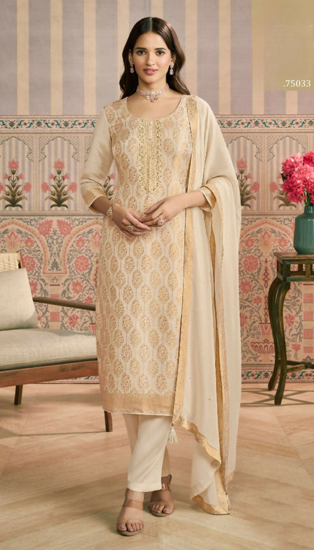 Anaita Beige Viscose Lotus Shimmer Stitched Suit with Jacquard Work
