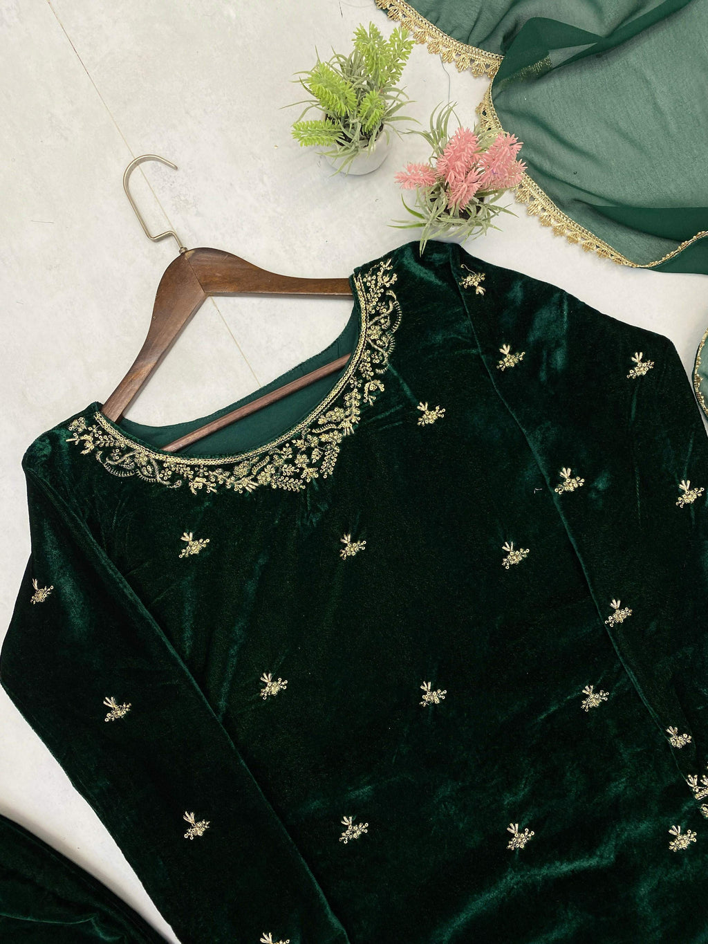 Vastranavya Green Velvet Sequence Embroidery Work Kurta & Bottom With Dupatta - Distacart