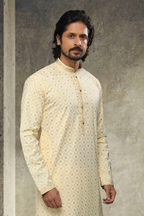 Raivat Ethnic Cotton Printed Work Kurta Pajama In Yellow Colour