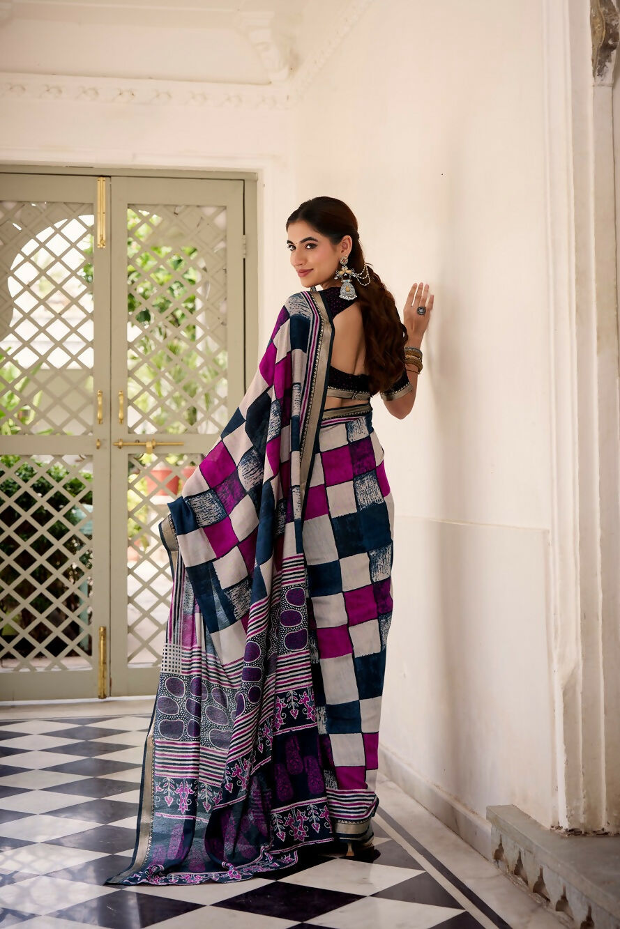 Vastranavya Navy Blue Viscose Chanderi Printed with Temple Border Saree & Unstitched Blouse - Distacart