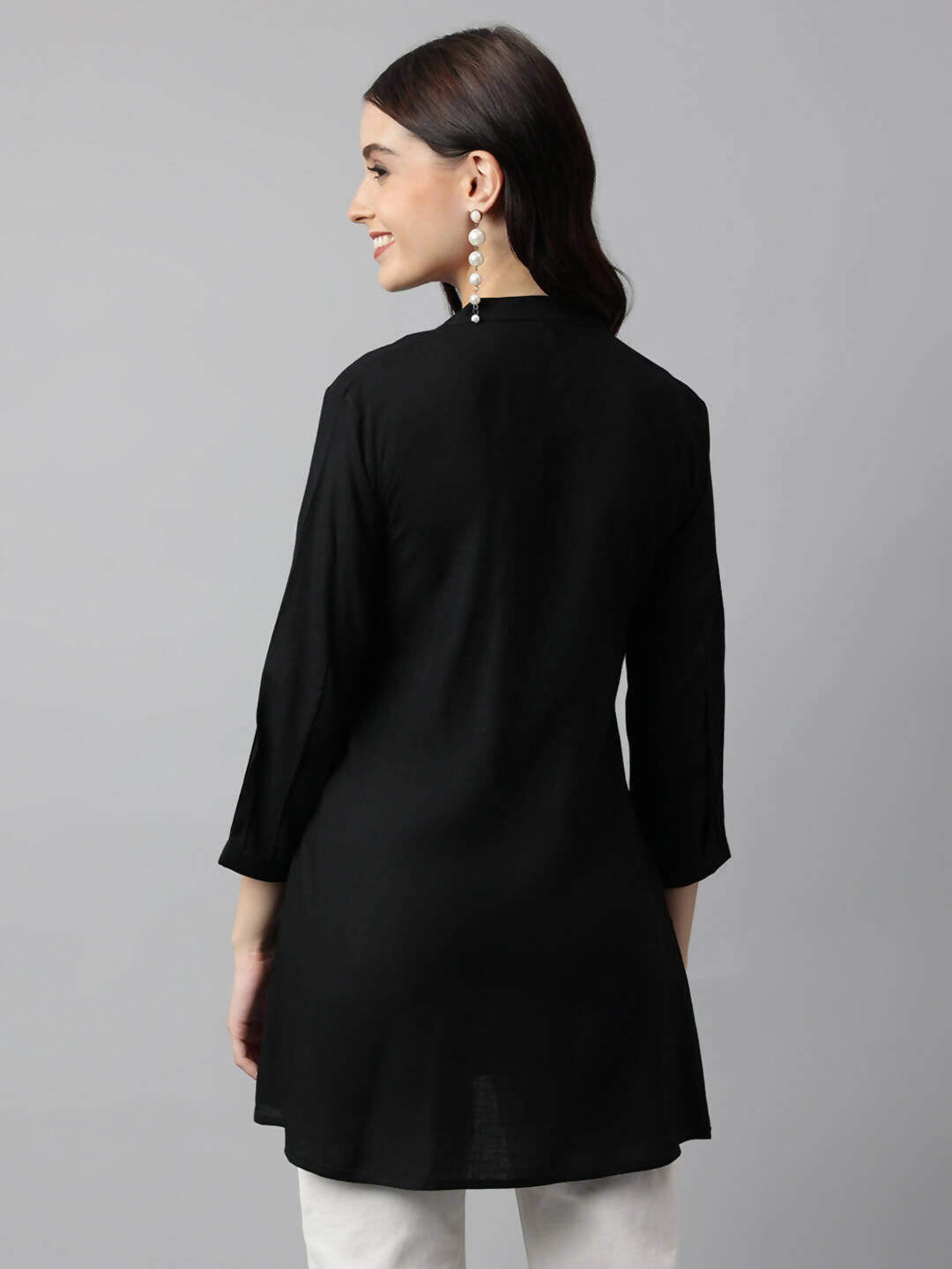 Black Rayon Yoke Embroidered A-line Top - Tarini