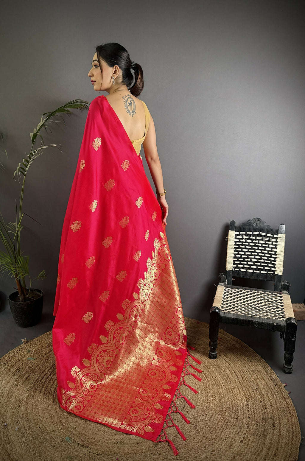 Joban Fashion Red Banarasi Lichi Silk Gold Zari Meena Saree - Distacart