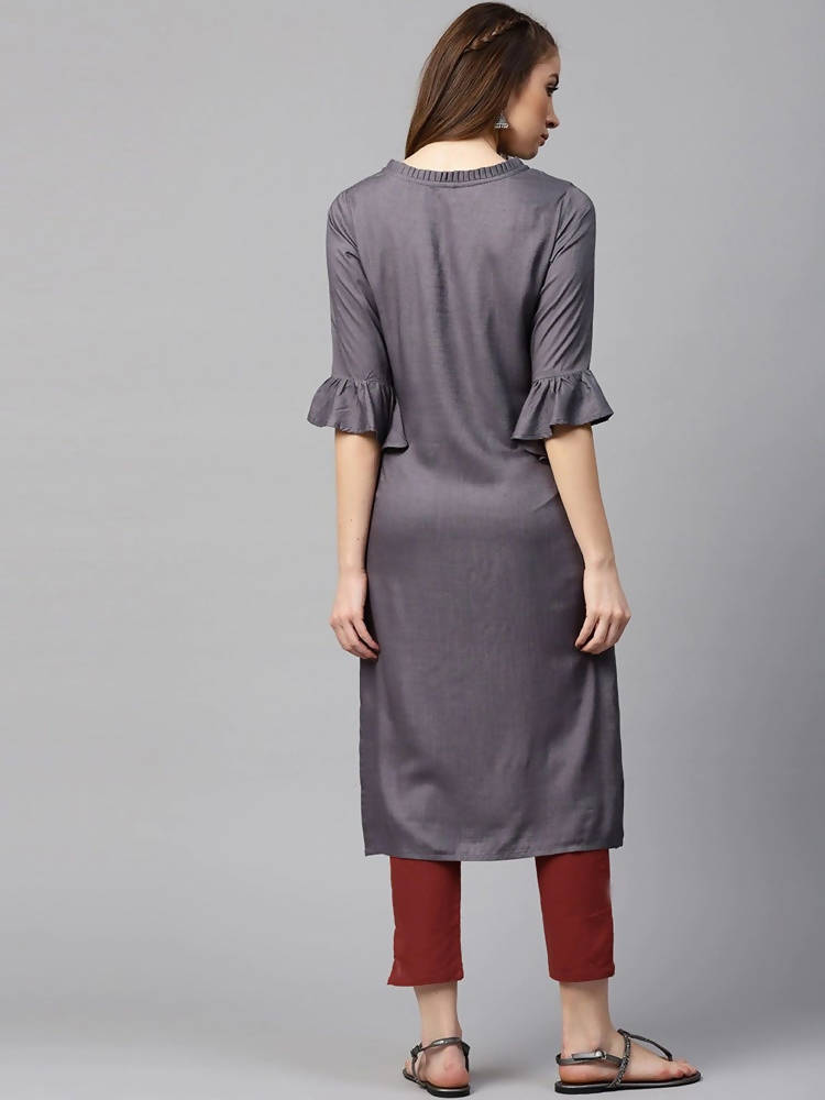 Yufta Women Grey & Maroon Solid Kurta with Trouser