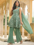 Janasya Sage Green Georgette Embroidered Kurta,Bottom & Dupatta