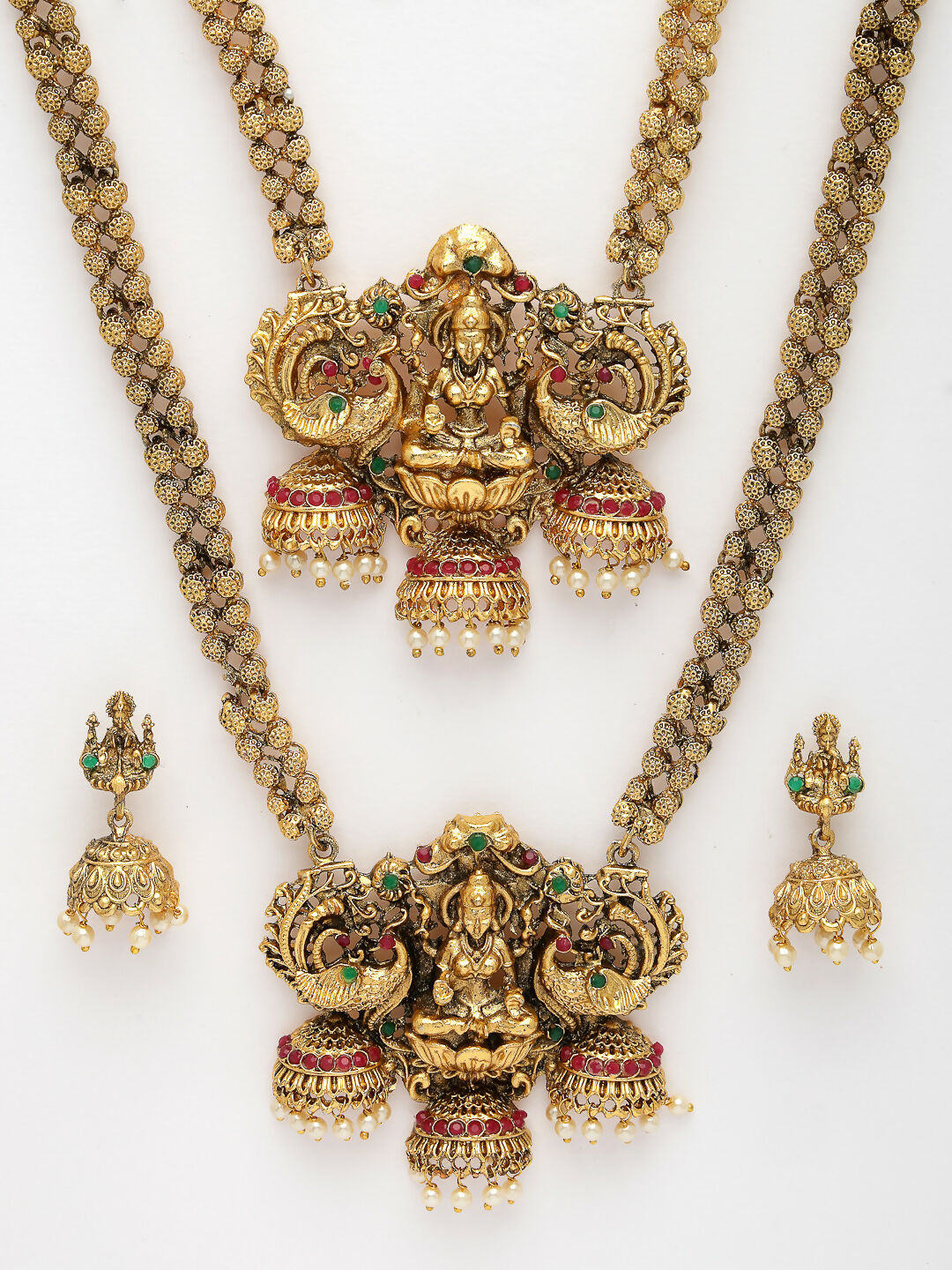 NVR Women's Set of 2 Gold-Polished Stone Studded Lakshmi Design Temple Jewellery Set