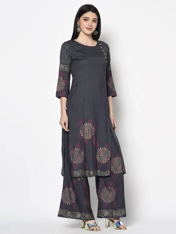 Aniyah Rayon Dark Grey Color Block Print Straight Kurta (AN-203K)