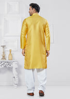 Joban Fashion Men's Jacquard Silk Yellow Printed Kurta Pyjama set