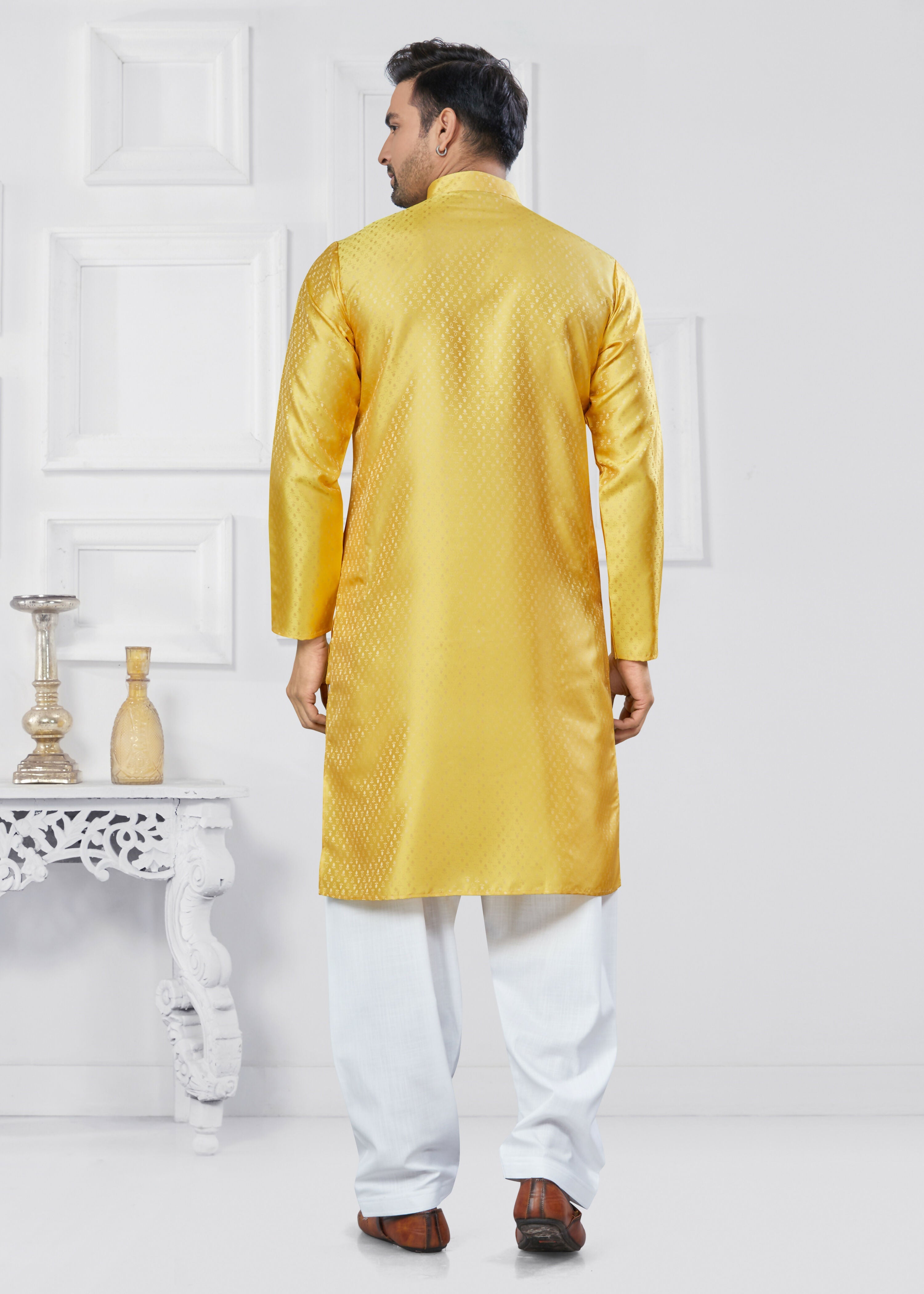 Joban Fashion Men's Jacquard Silk Yellow Printed Kurta Pyjama set