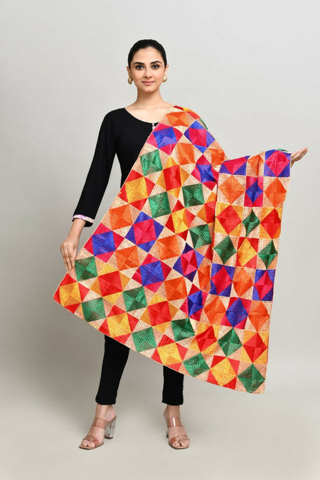 Joban Fashion Multi Color Cotton Embroidery Work Phulkari Dupatta
