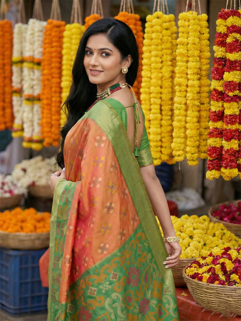 Shree Shyam Fashion Orange Pochampally Silk Saree - Distacart