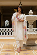 The52 White Women's Beautiful Viscose Chanderi Fabric Embroidered Work Straight Kurta Pant and Dupatta Set - Distacart