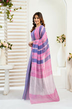 Vastranavya Pink Blue Digital Printed Linen Ready To Wear Designer Saree with Unstitched Blouse - Distacart