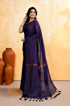 Piyari Fashion Women's Navy Blue Embellished Cotton Blend Zari Check Handloom Saree - Distacart